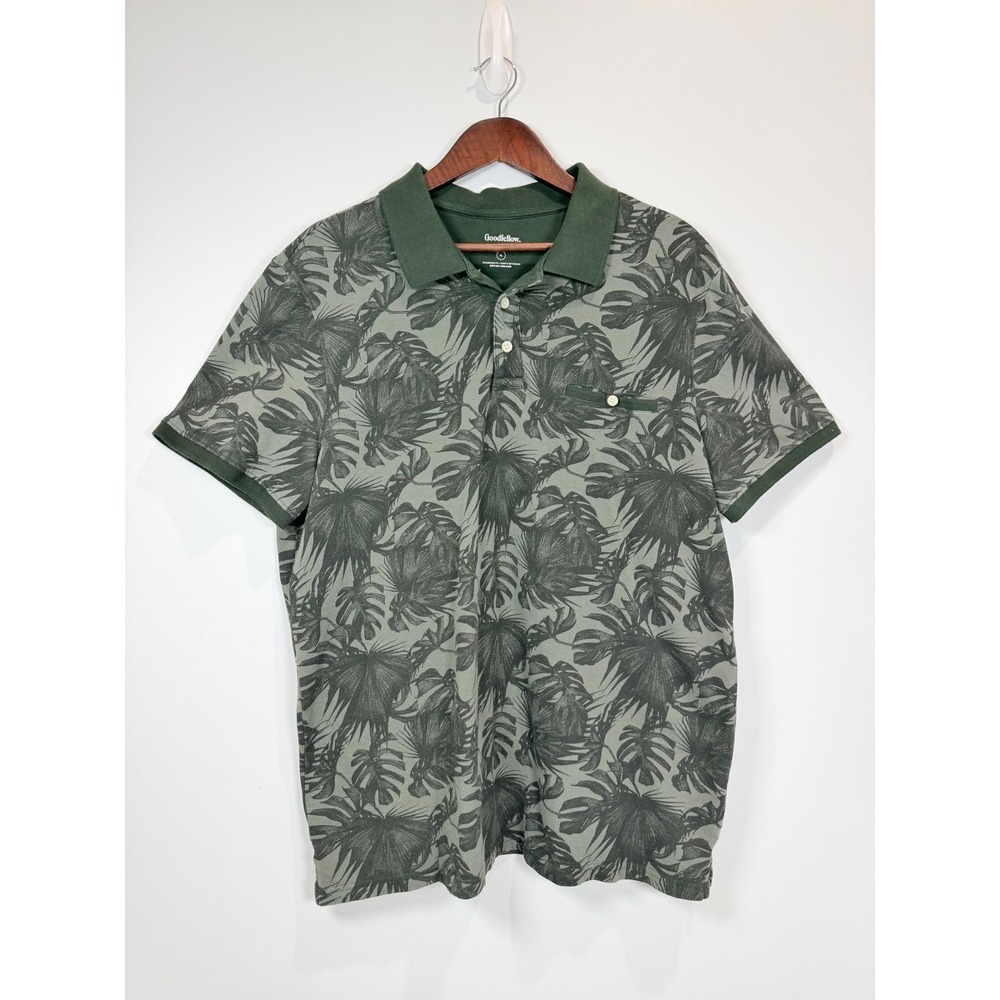 Goodfellow & Co Mens XL Green Tropical Palm Leaf Print Cotton Pique Polo Shirt